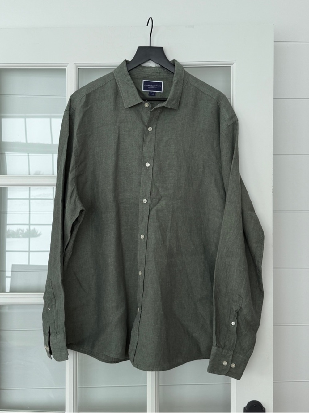 Charles Tyrwhitt Olive Green 100% Linen Button-Down Shirt